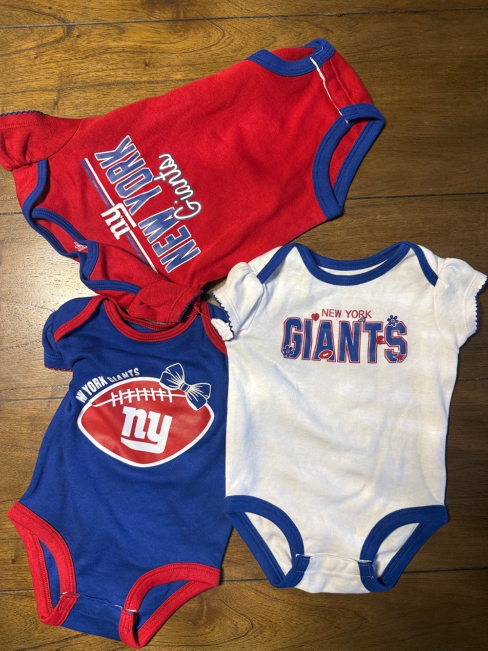 New York Giants Baby Bodysuit Trio - Red, Blue, White, Size 3-6M